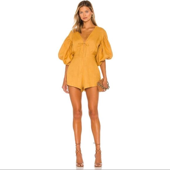 REVOLVE SWF Linen Romper Puff Sleeve V-Neck in Desert Gold NWT Feminine - Picture 2 of 8